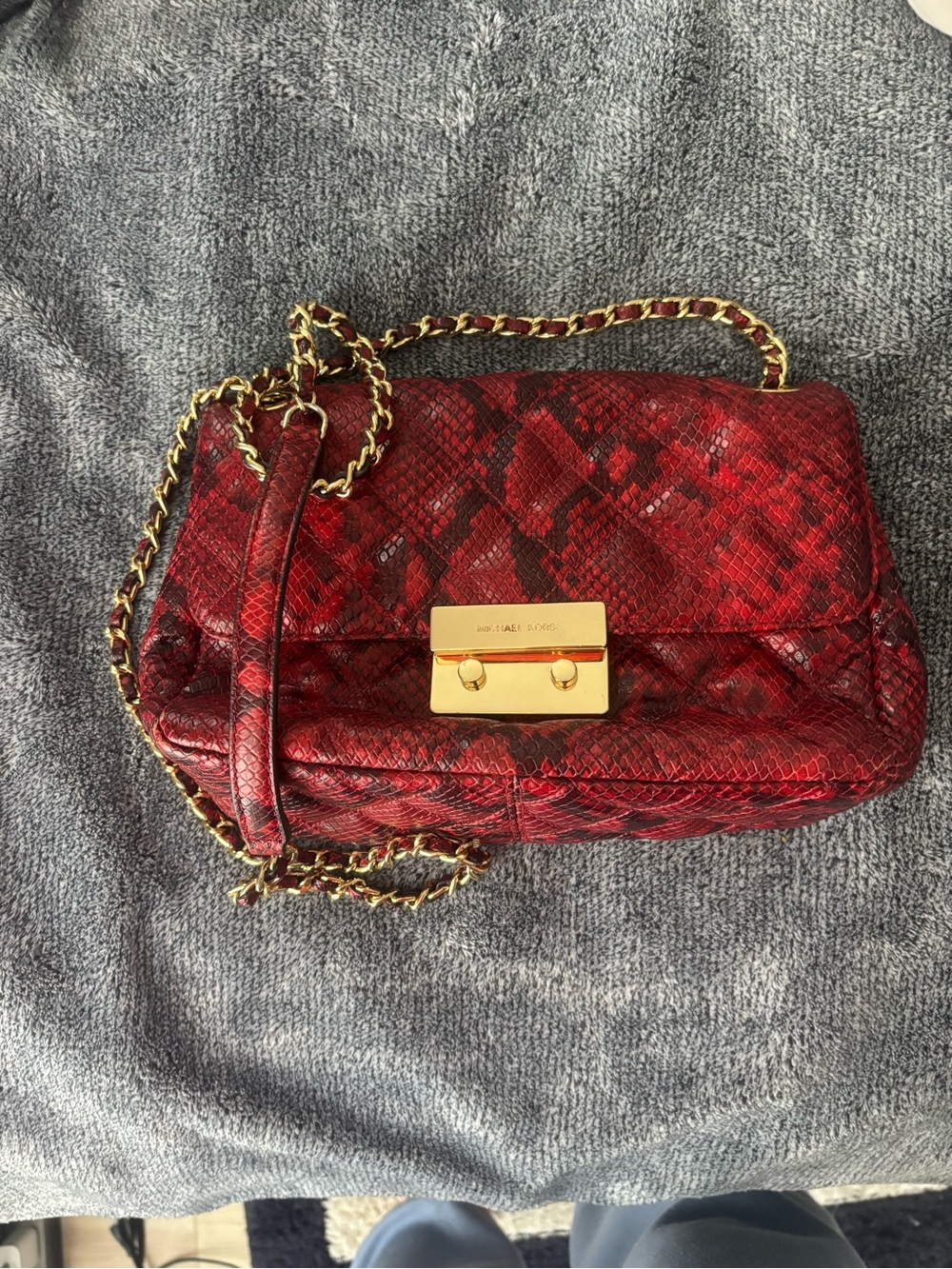 Michael Kors Red Snake-Texture Chain Crossbody Bag